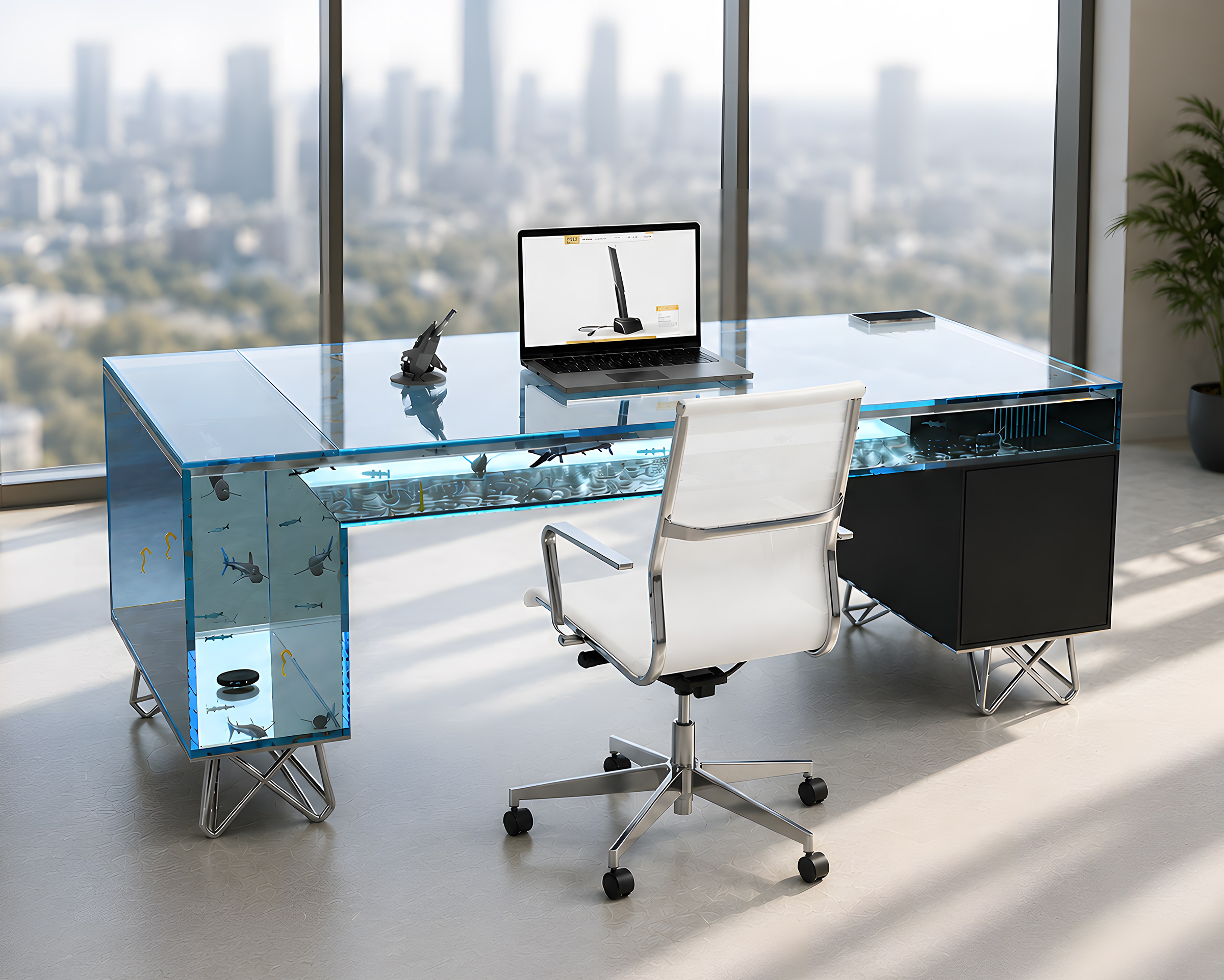 Aqua Desk – Arbeitsplatzkonzept mit integriertem Aquarium